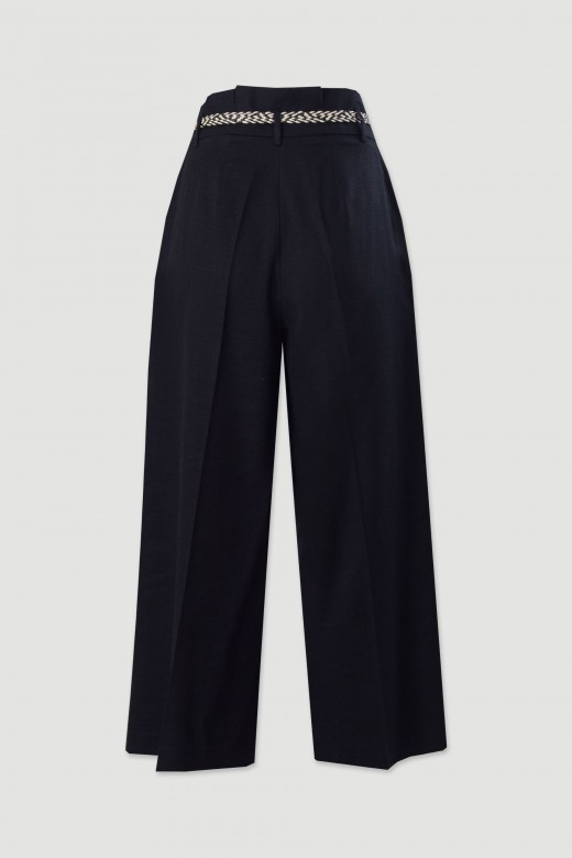 Cropped wide-leg linen-blend trousers with belt