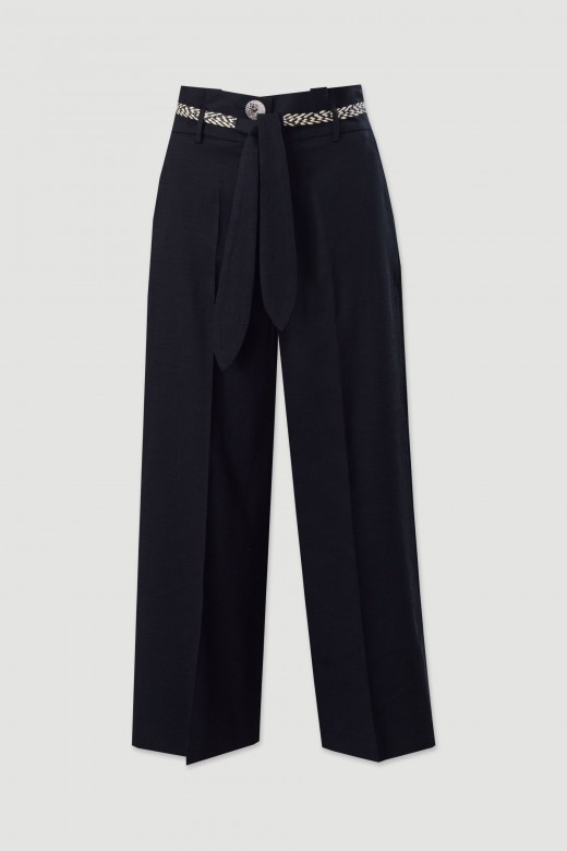 Cropped wide-leg linen-blend trousers with belt