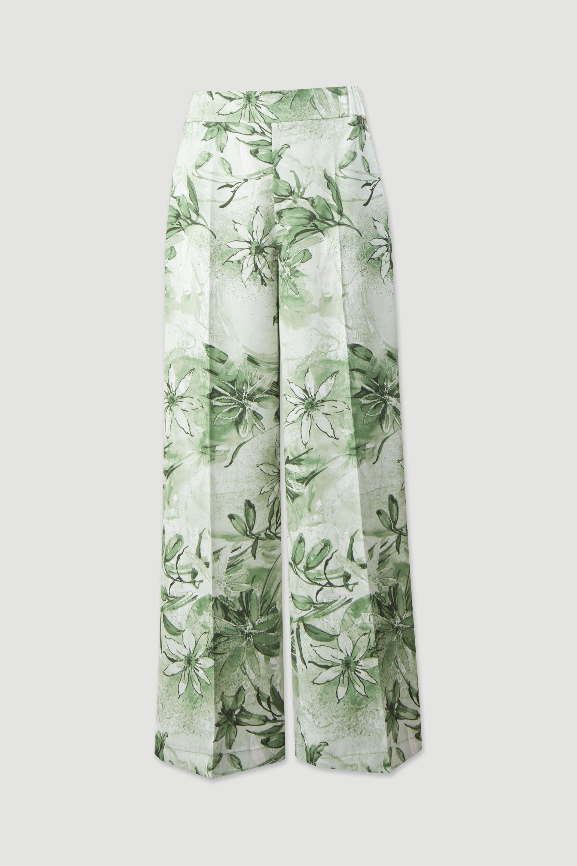 Calça wide leg estampada em tecido acetinado