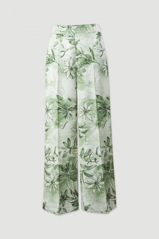 Cala wide leg estampada em tecido acetinado