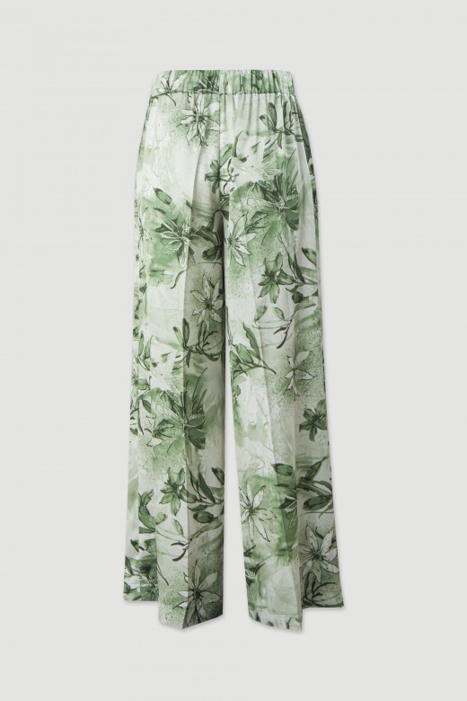 Cala wide leg estampada em tecido acetinado