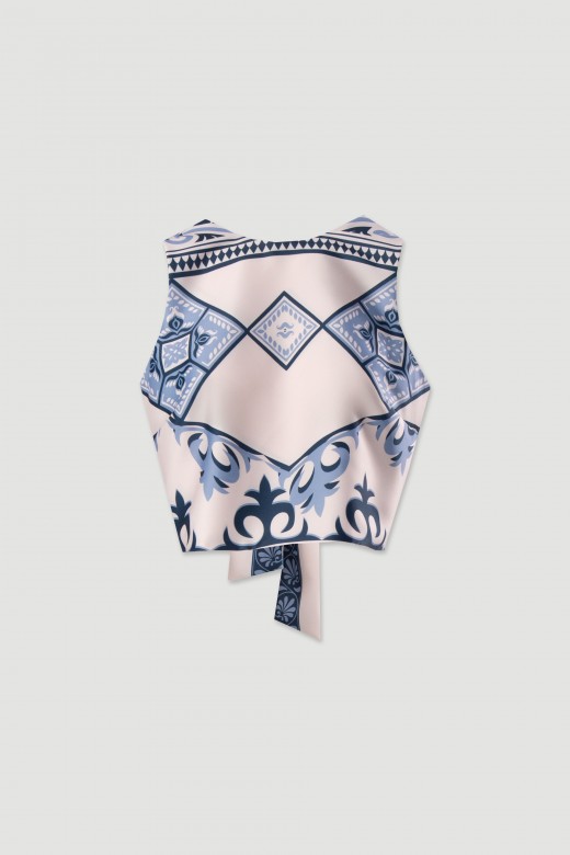 Satin cropped printed top with back tie