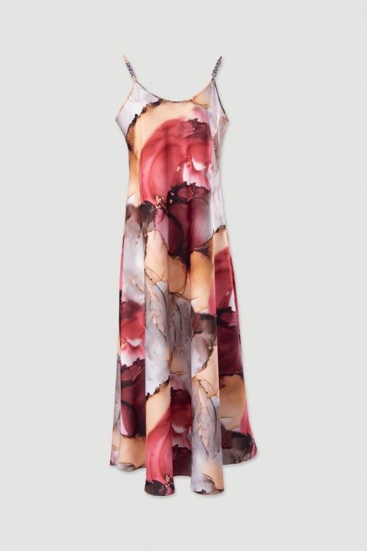 Satin long dress with metallic straps