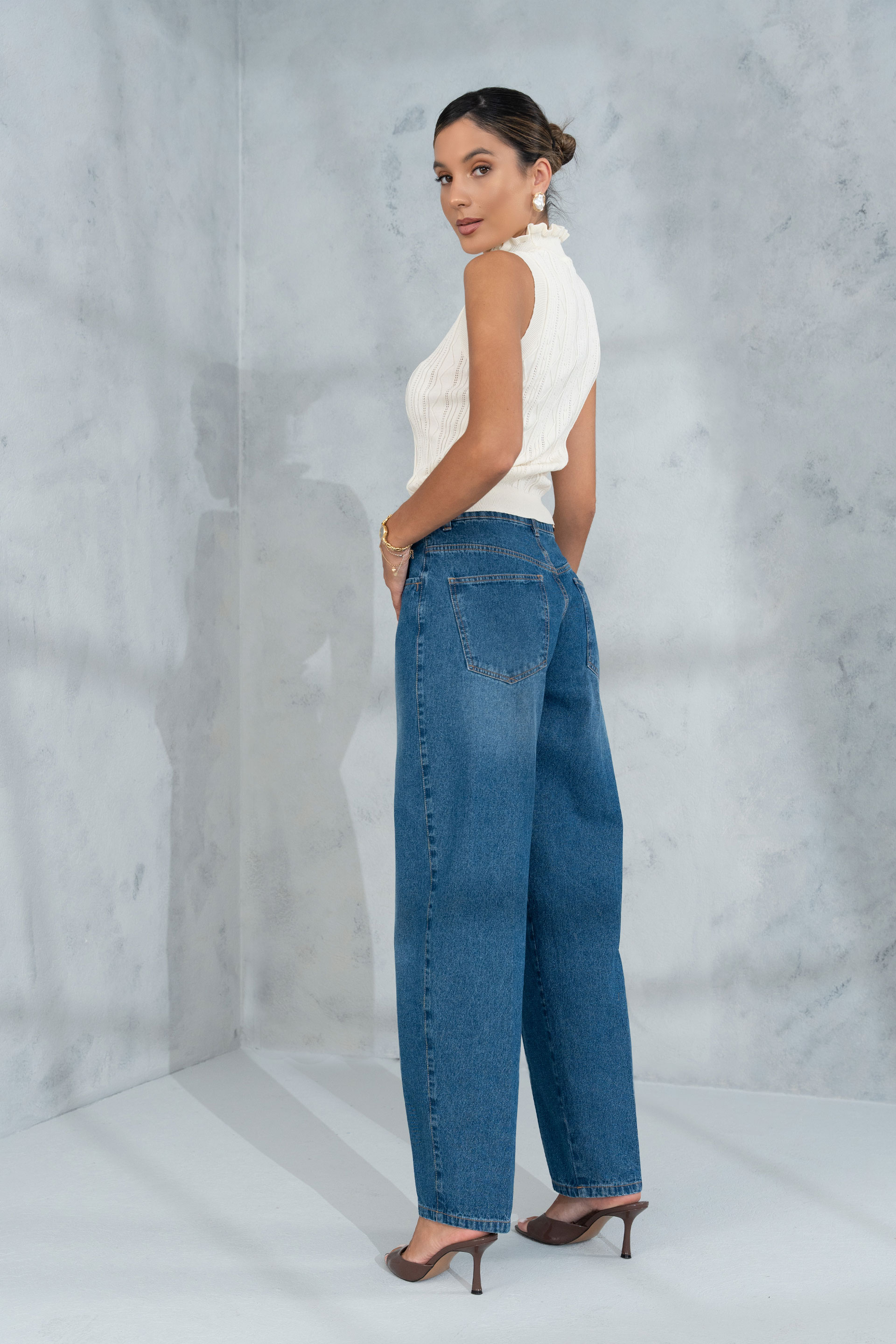 Jeans balloon de cintura média 100% algodão