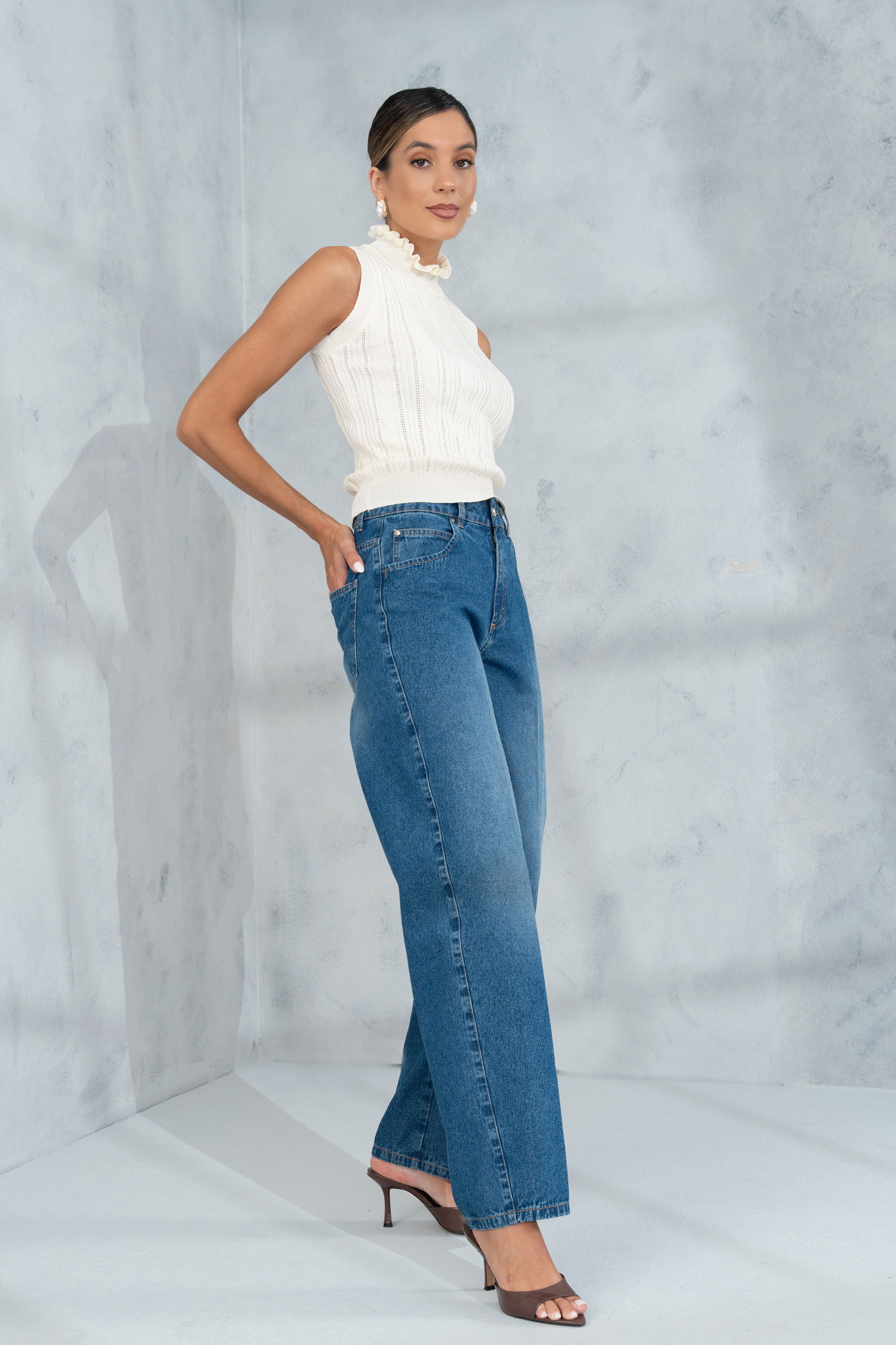 Jeans balloon de cintura média 100% algodão