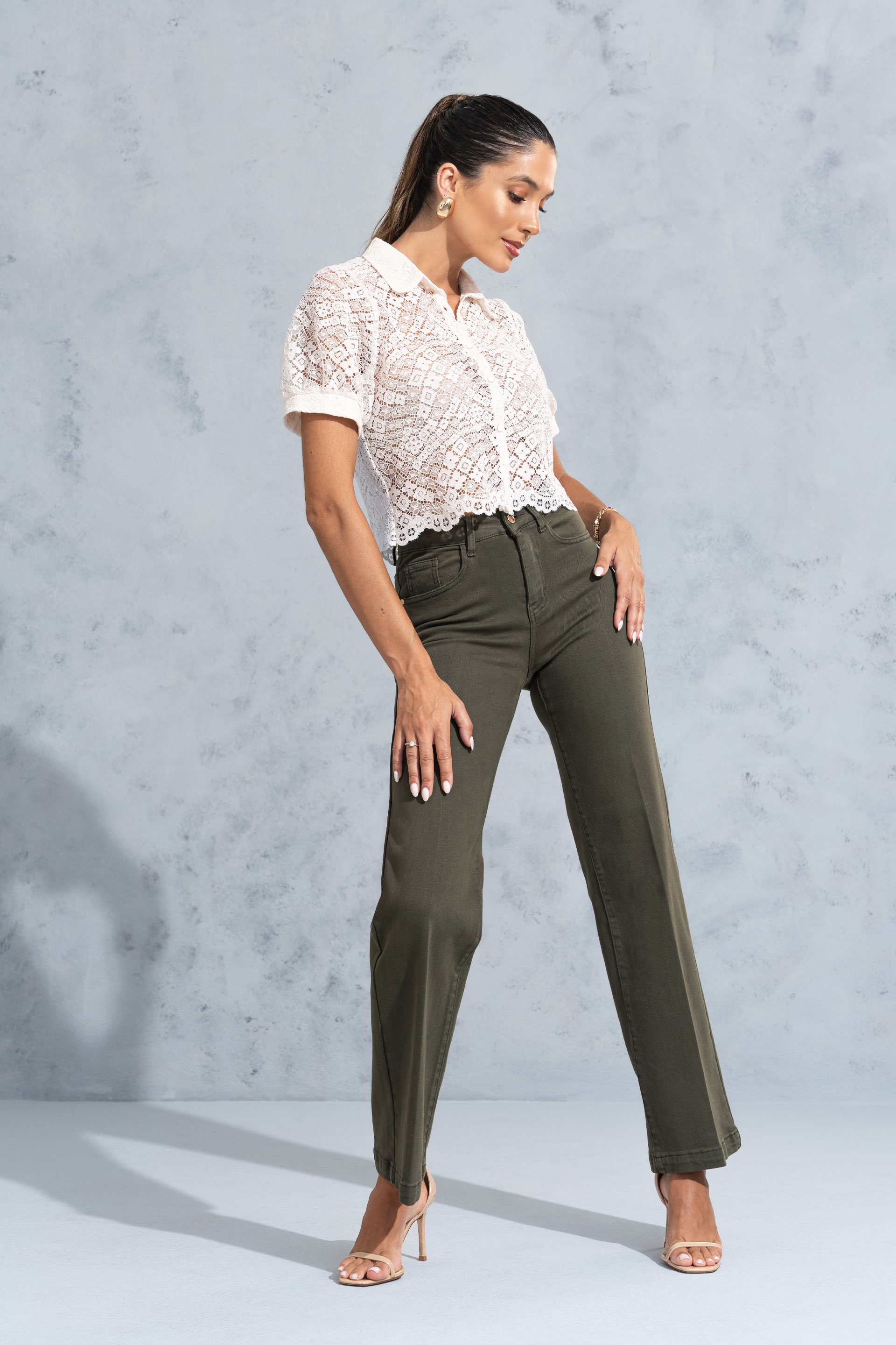 Pantalon taille haute en sergé mélangé coton