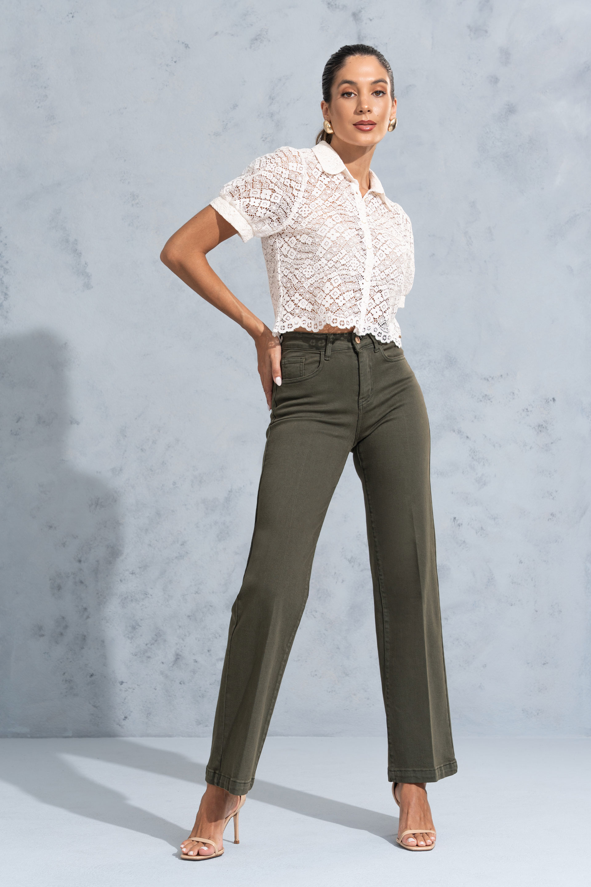 Pantalon taille haute en sergé mélangé coton