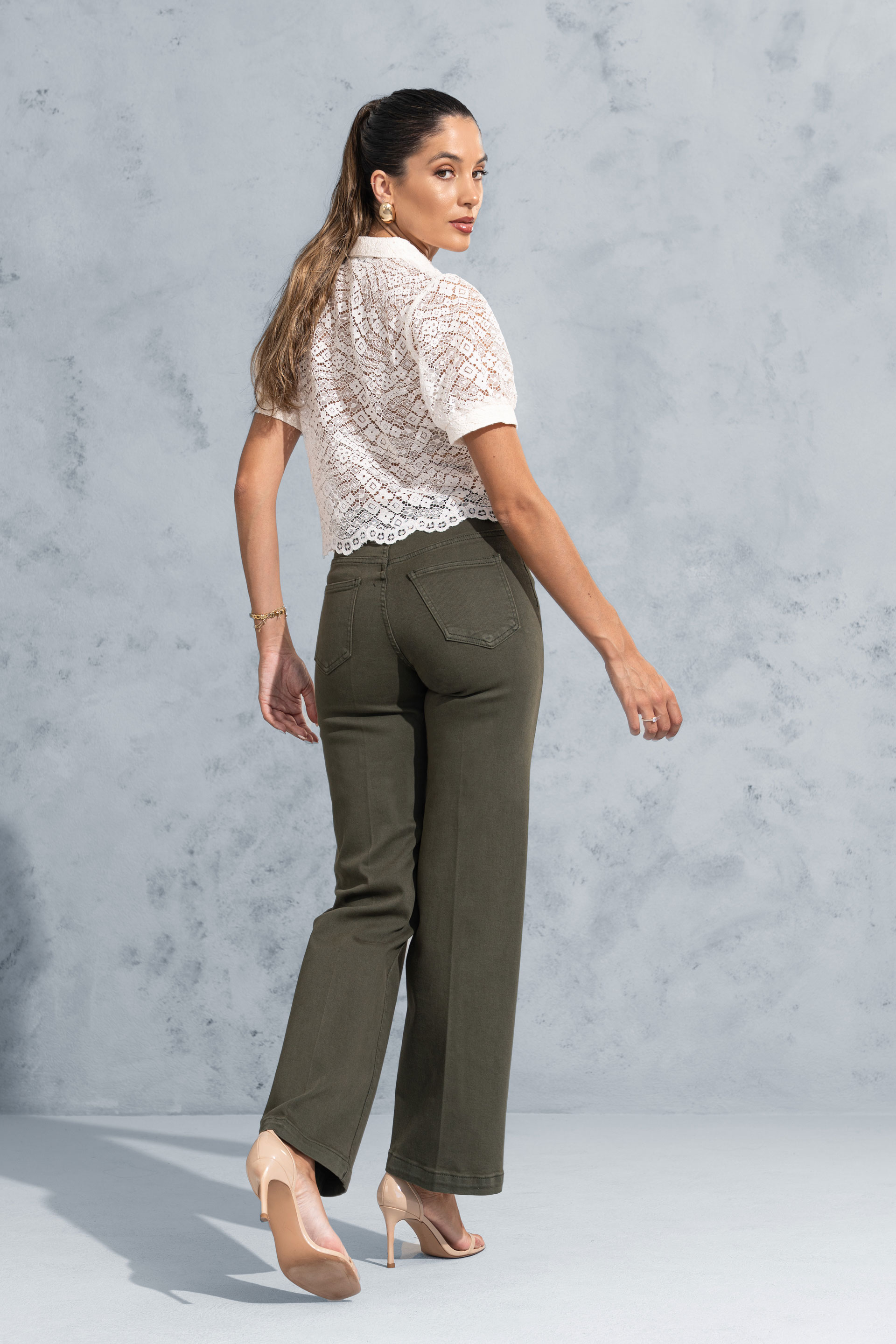 Pantalon taille haute en sergé mélangé coton