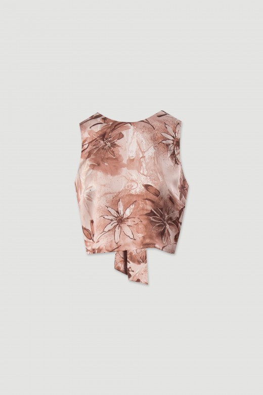 Short satin printed top with back tie detail