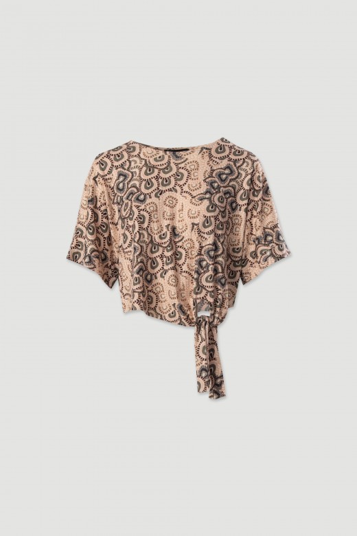 Tnica curta estampada com lao frontal