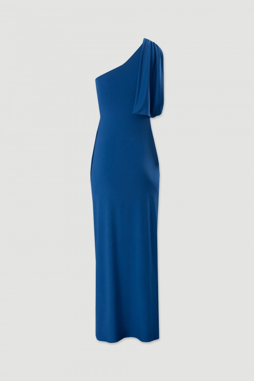 Vestido comprido assimtrico com detalhe dourado