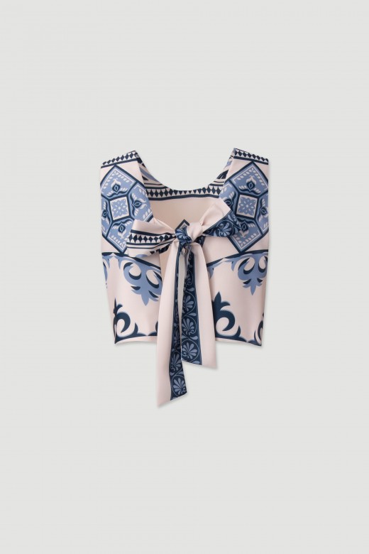 Satin cropped printed top with back tie