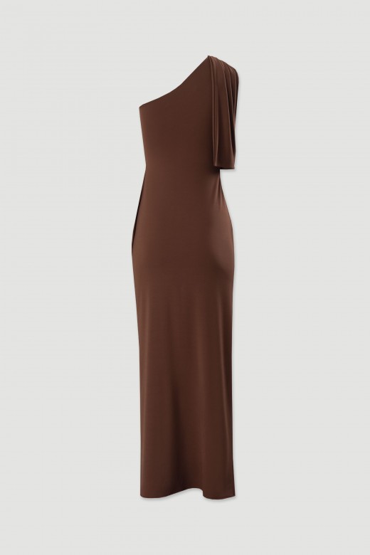 Vestido comprido assimtrico com detalhe dourado