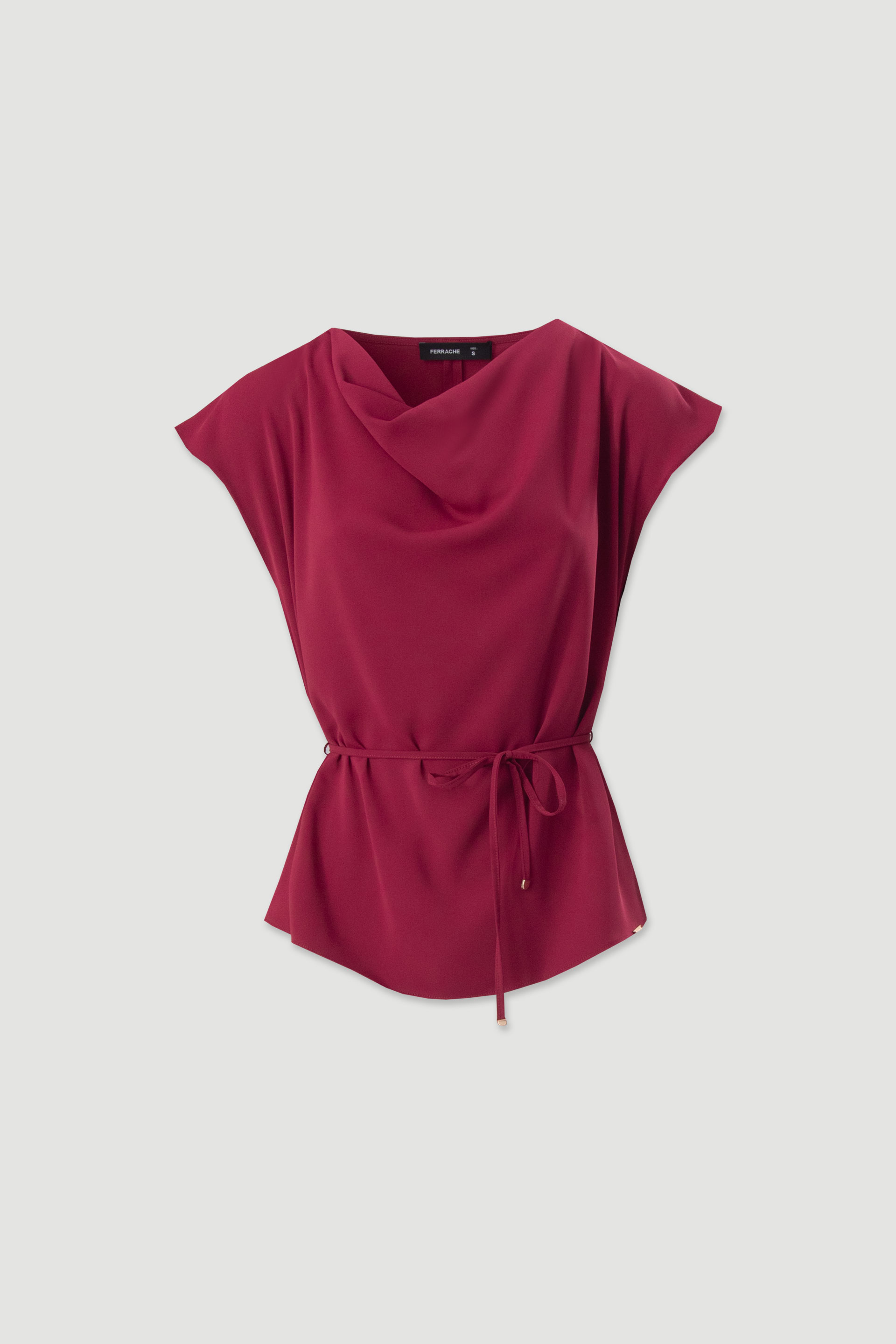 Fluid top with draped neckline and belt