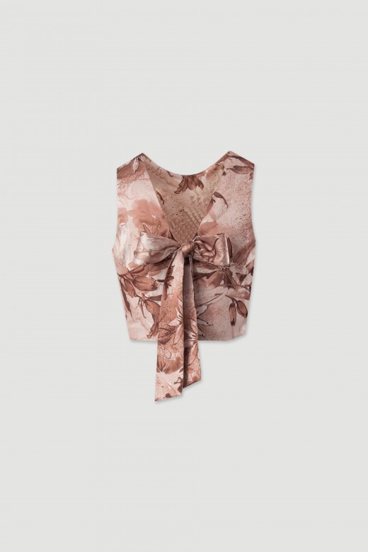 Short satin printed top with back tie detail