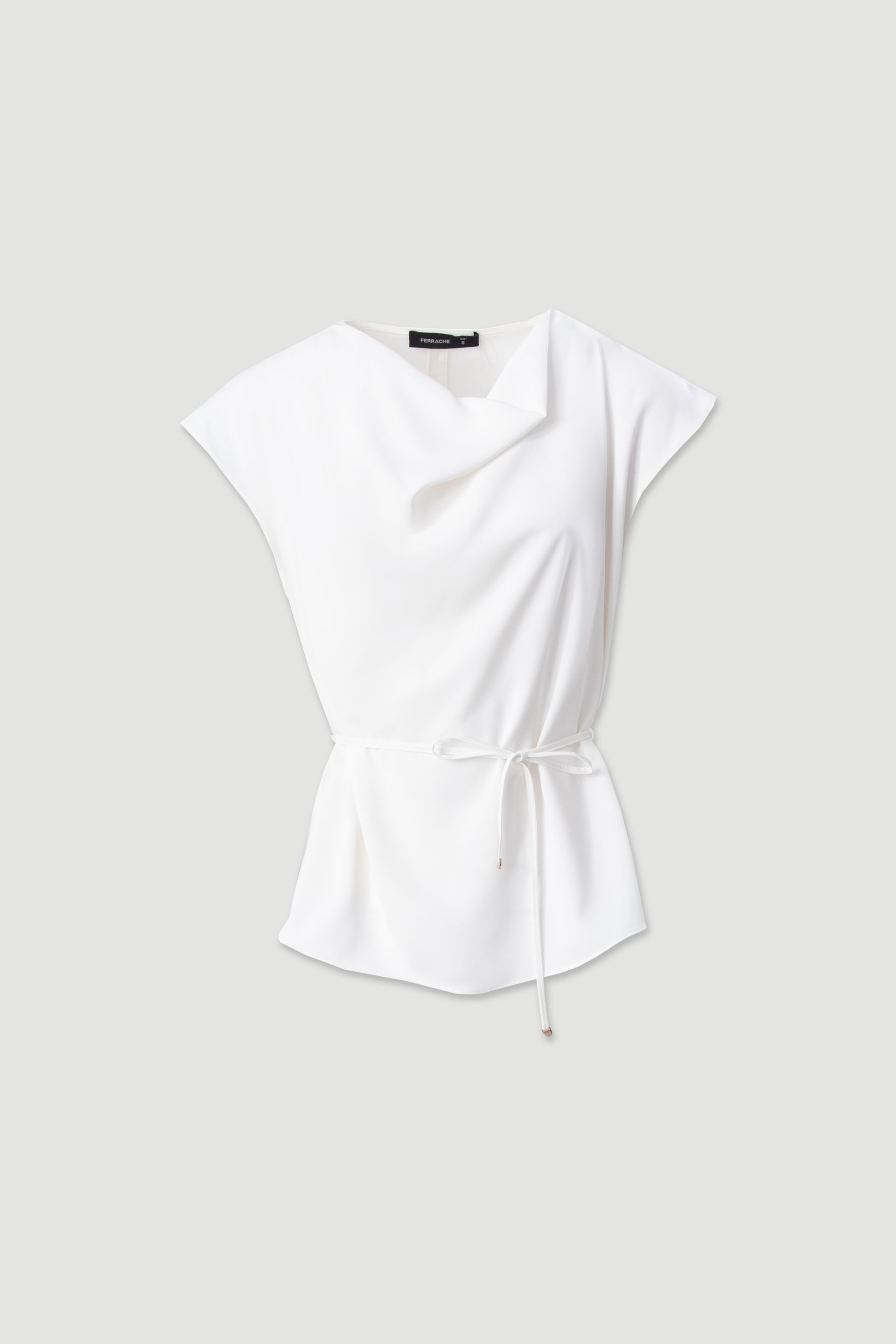 Fluid top with draped neckline and belt