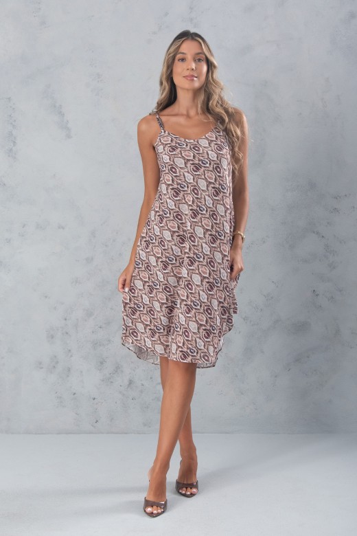Vestido curto fluido estampado com detalhe metlico