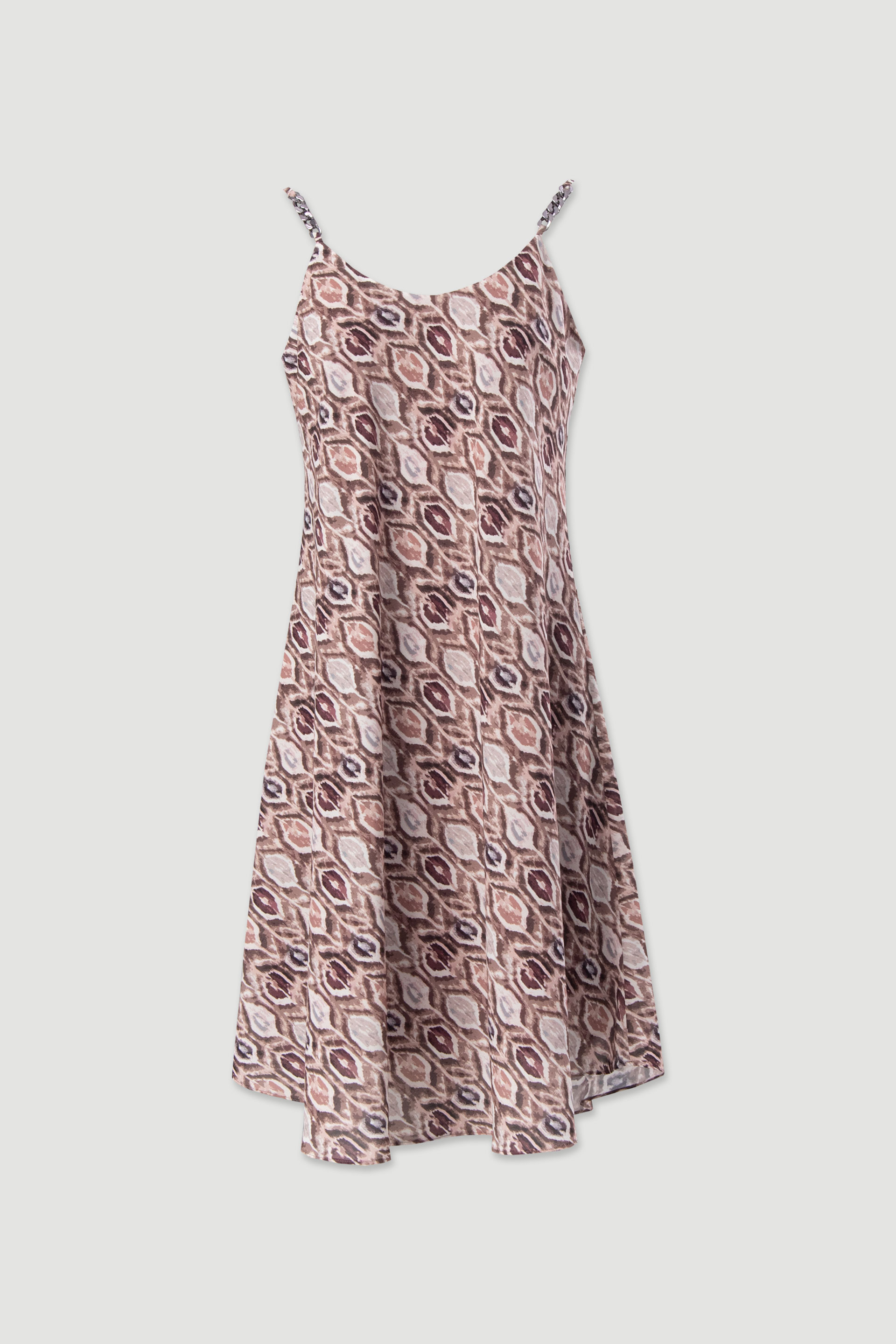 Vestido curto fluido estampado com detalhe metálico