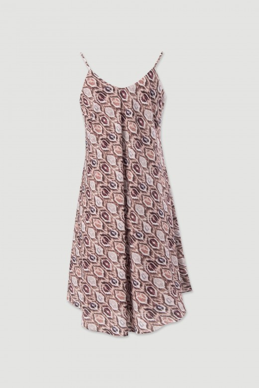 Vestido curto fluido estampado com detalhe metlico