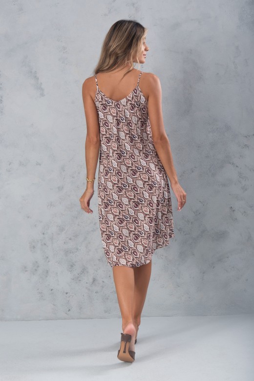 Vestido curto fluido estampado com detalhe metlico