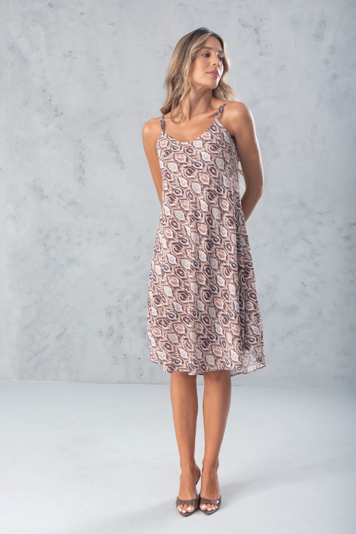 Vestido curto fluido estampado com detalhe metlico