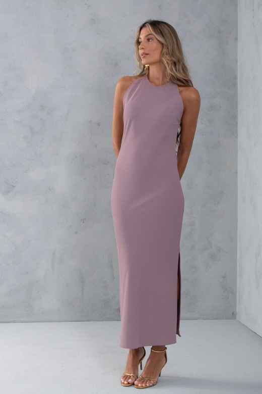 Vestido comprido fluido com detalhe no ombro