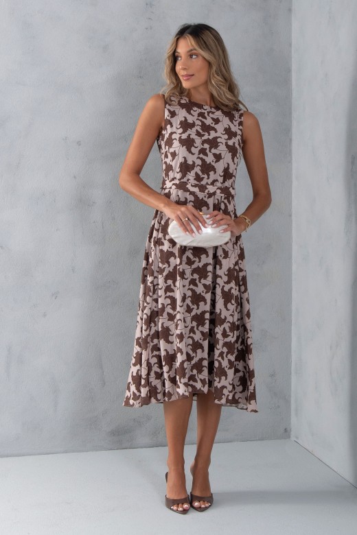 Printed midi dress with pleats and belt