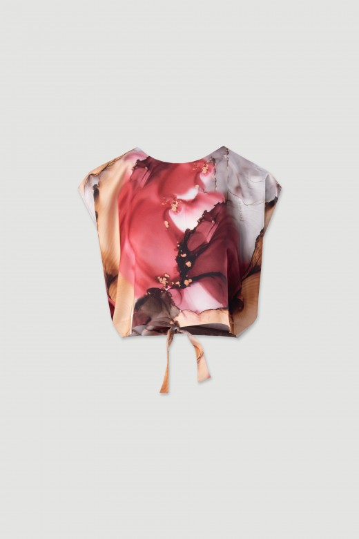 Blusa curta estampada com lao nas costas