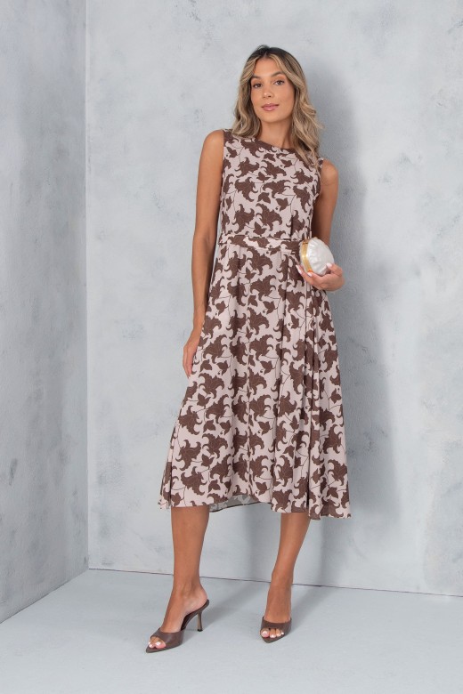 Printed midi dress with pleats and belt