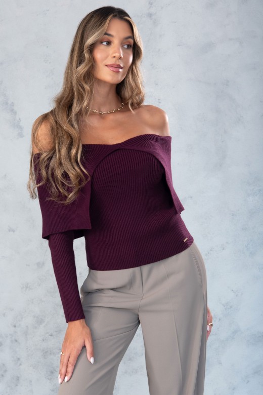 Ribbed knit sweater with bardot neckline