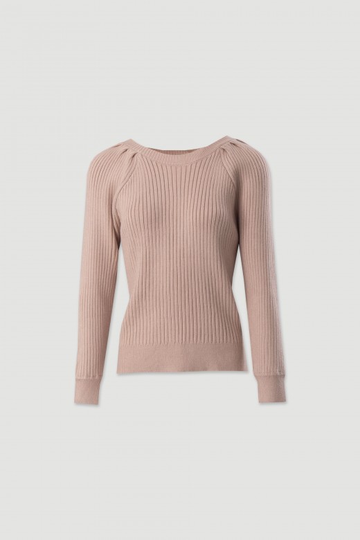 Camisola de malha canelada com decote redondo