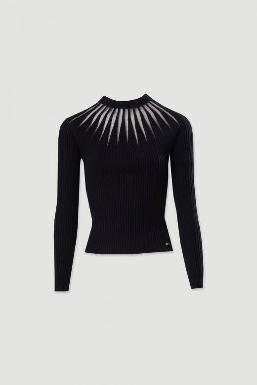 Pull en maille ctele avec dtail en tissu transparent