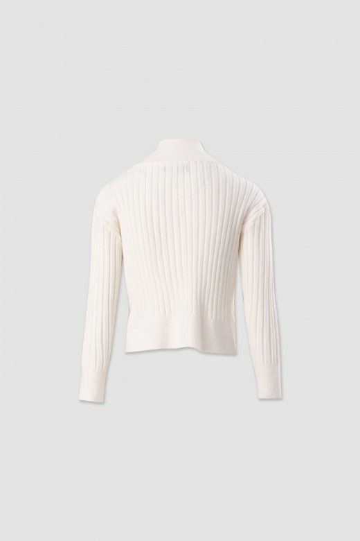 Knit cardigan with draped collar and gold buttons