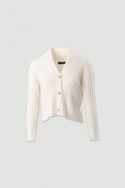 Knit cardigan with draped collar and gold buttons