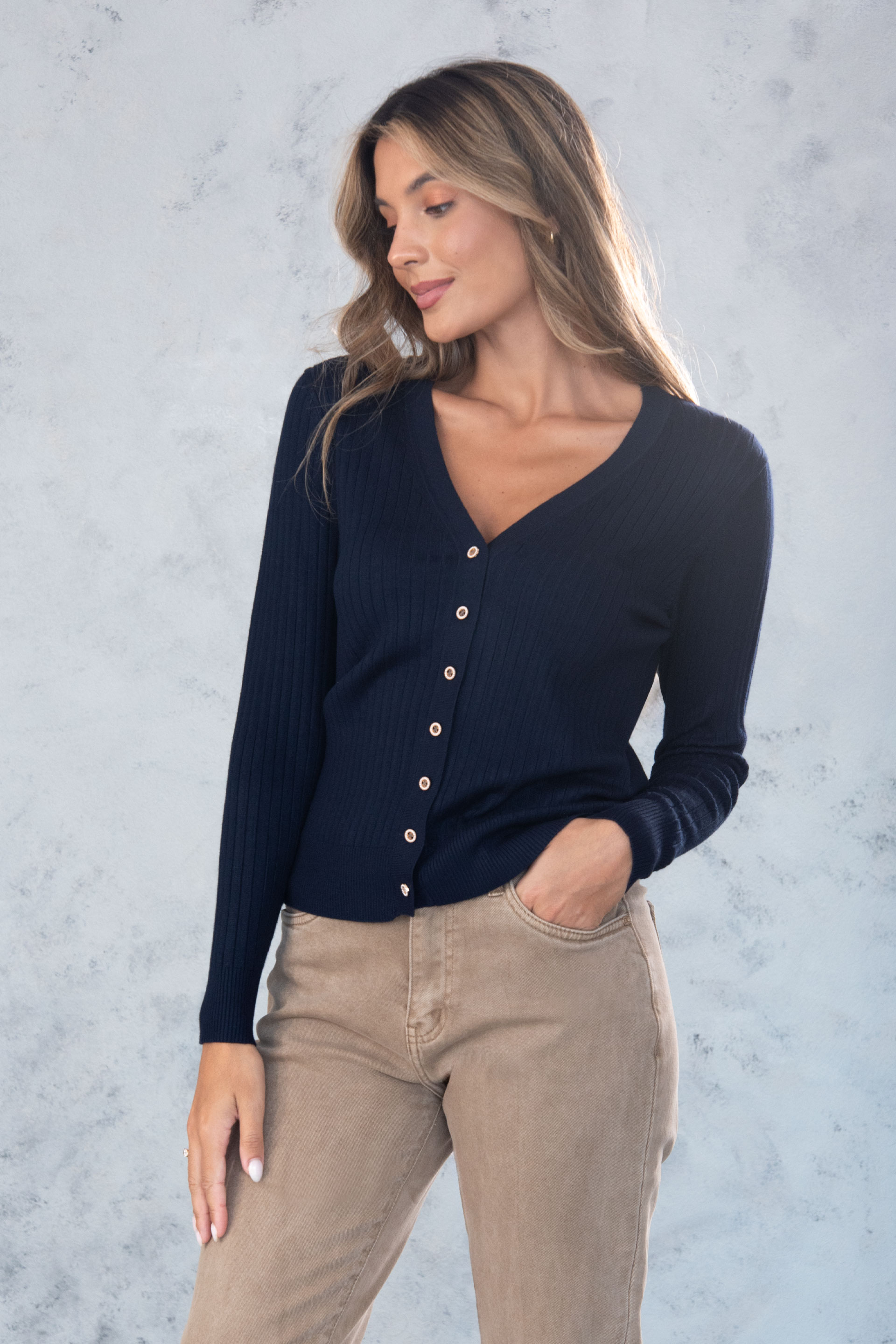Ribbed knit cardigan with v-neckline