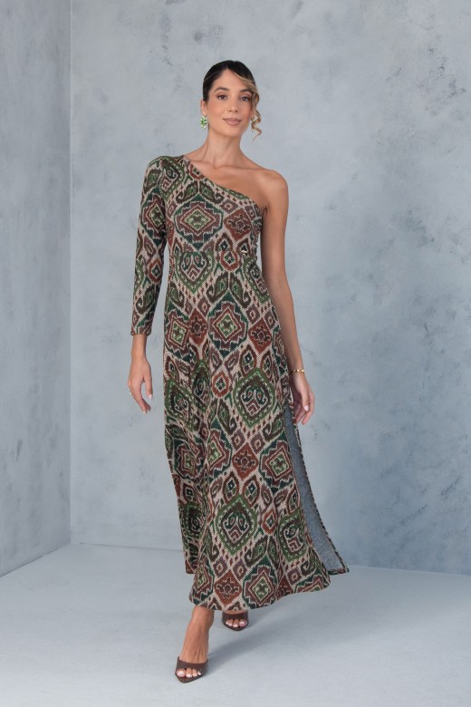 Vestido midi em tecido texturizado estampado com decote assimtrico