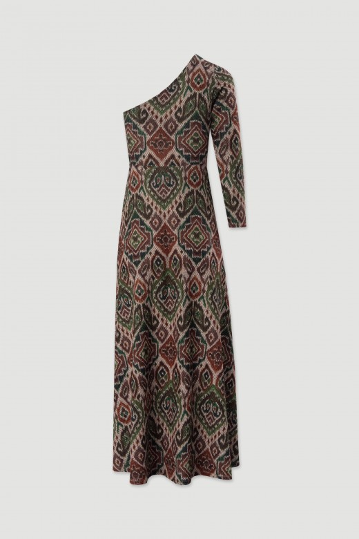 Vestido midi em tecido texturizado estampado com decote assimtrico