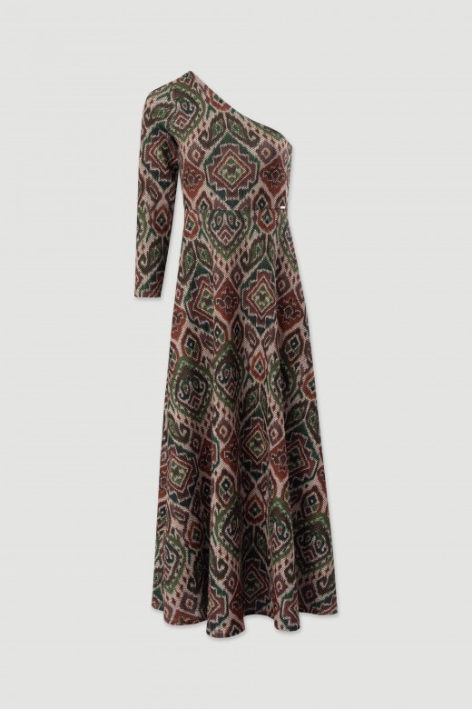 Vestido midi em tecido texturizado estampado com decote assimtrico