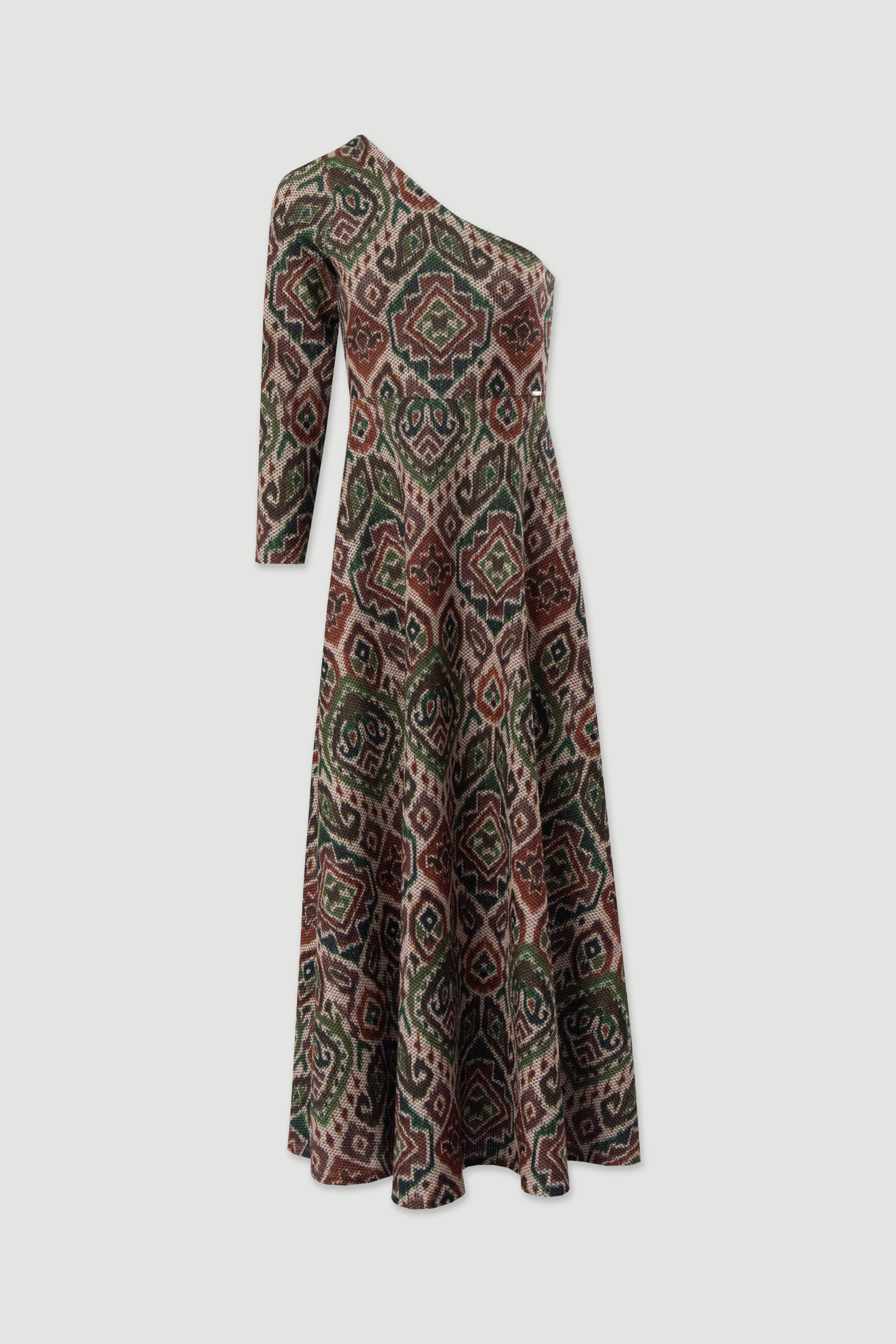 Vestido midi en tejido texturizado estampado con escote asimétrico