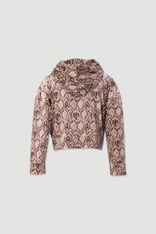 Sweater em tecido de veludo estampado com capuz