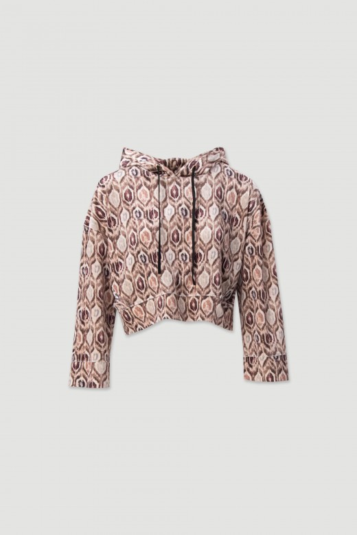 Sweater em tecido de veludo estampado com capuz