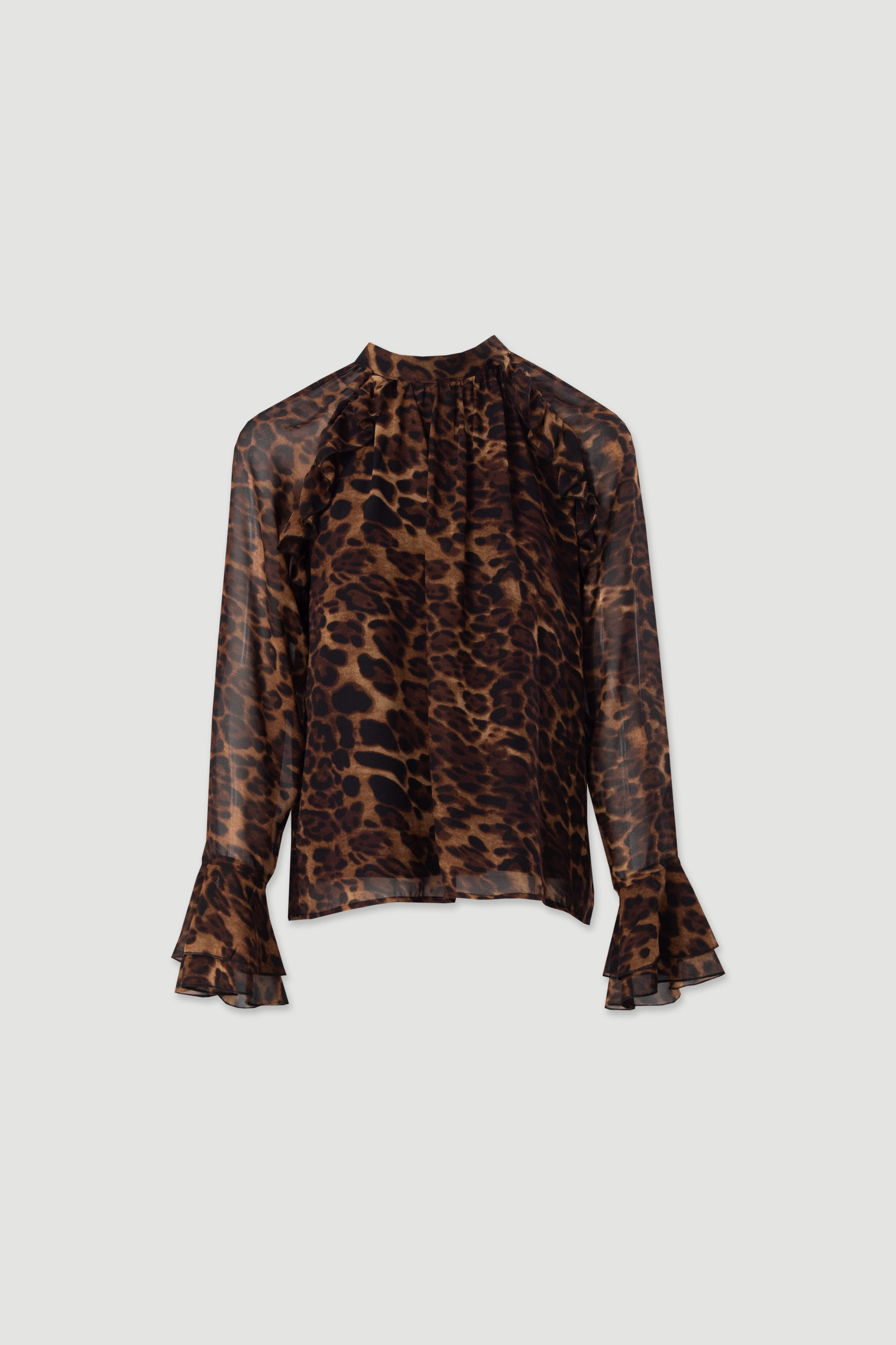 Animal-print blouse with long sleeves and double ruffle