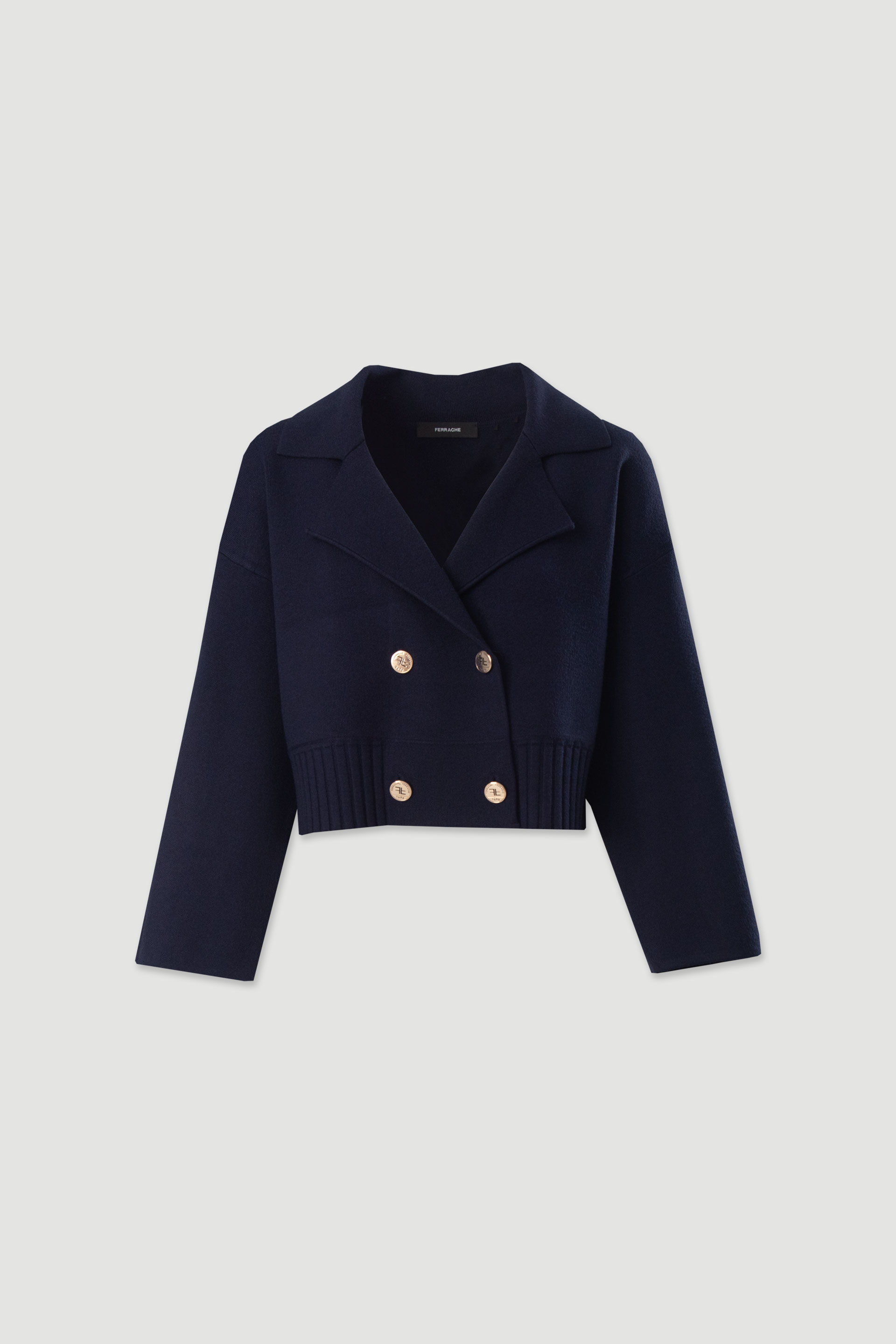 Knit cardigan with custom metallic logo buttons