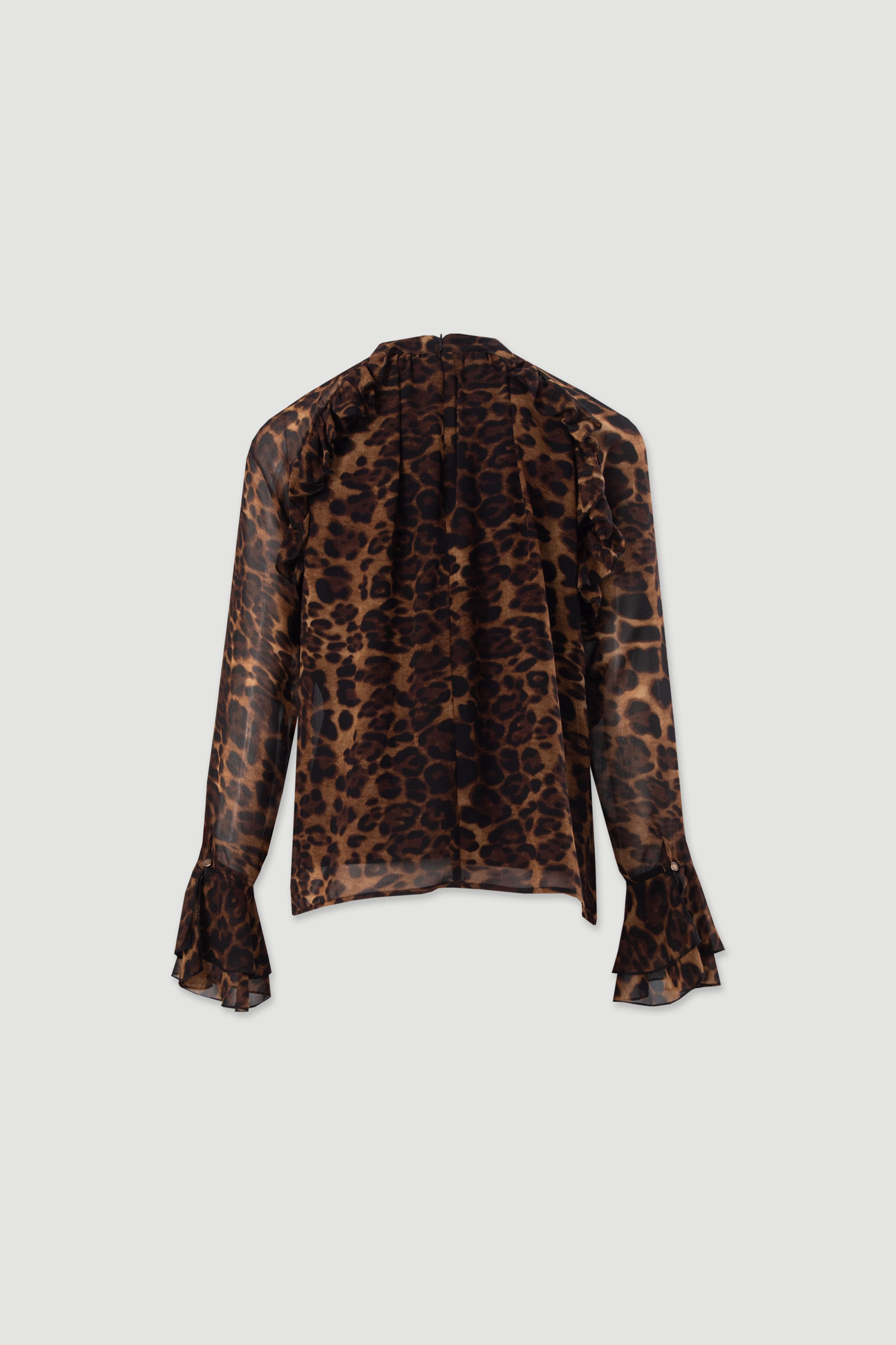 Animal-print blouse with long sleeves and double ruffle