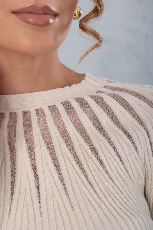 Pull en maille ctele avec dtail en tissu transparent