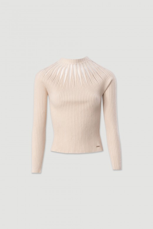 Pull en maille ctele avec dtail en tissu transparent