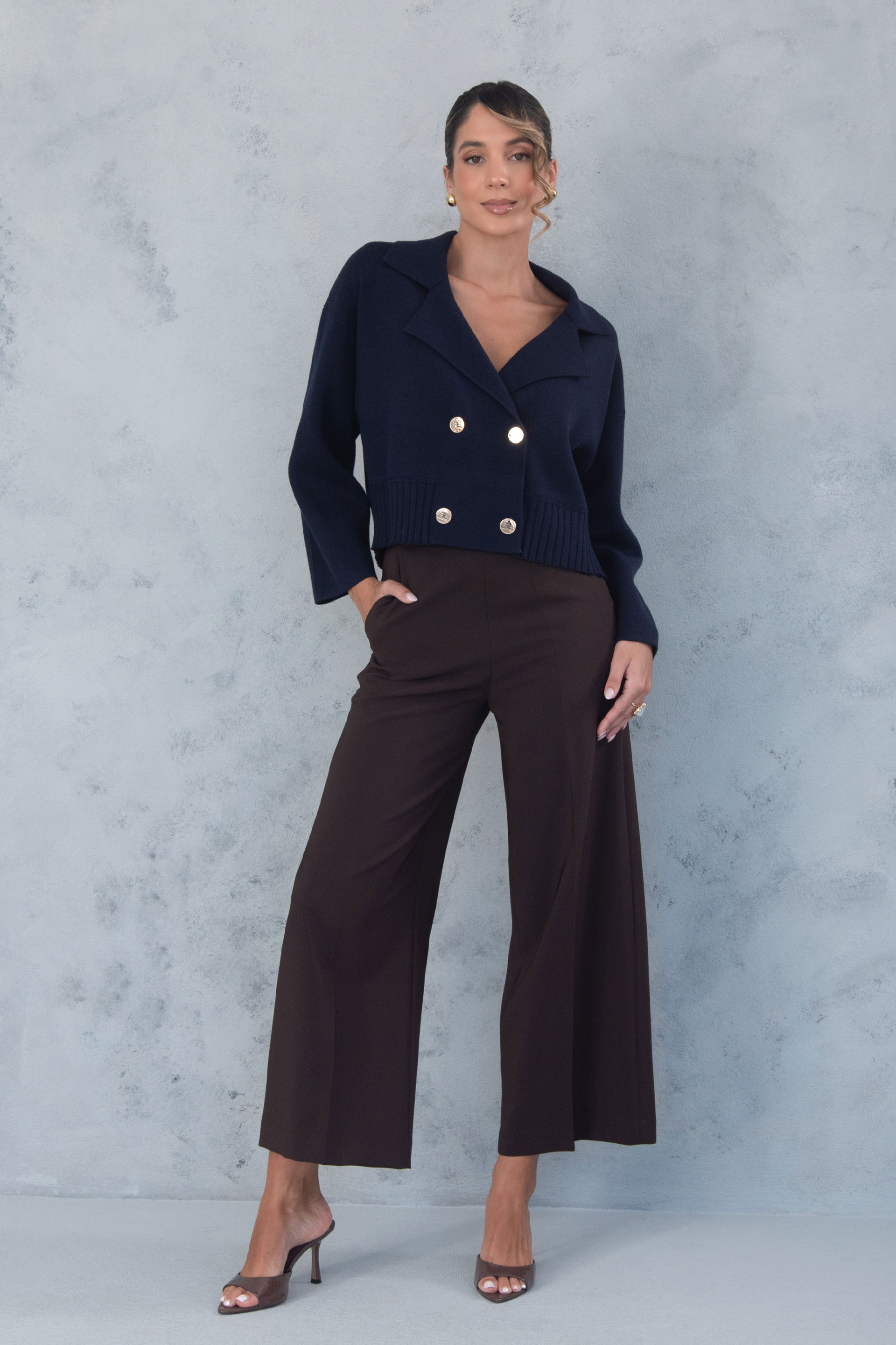 Knit cardigan with custom metallic logo buttons