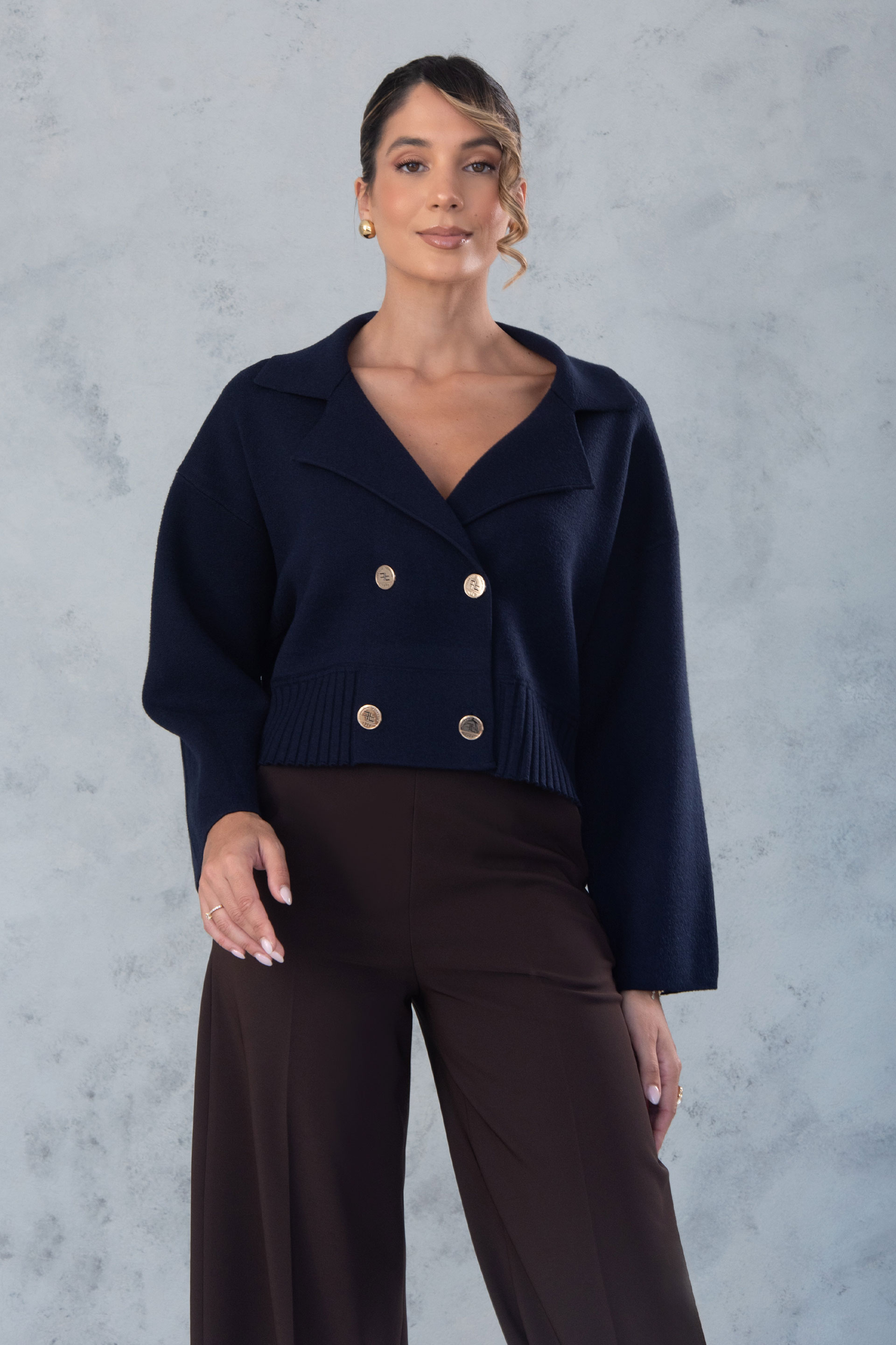 Knit cardigan with custom metallic logo buttons