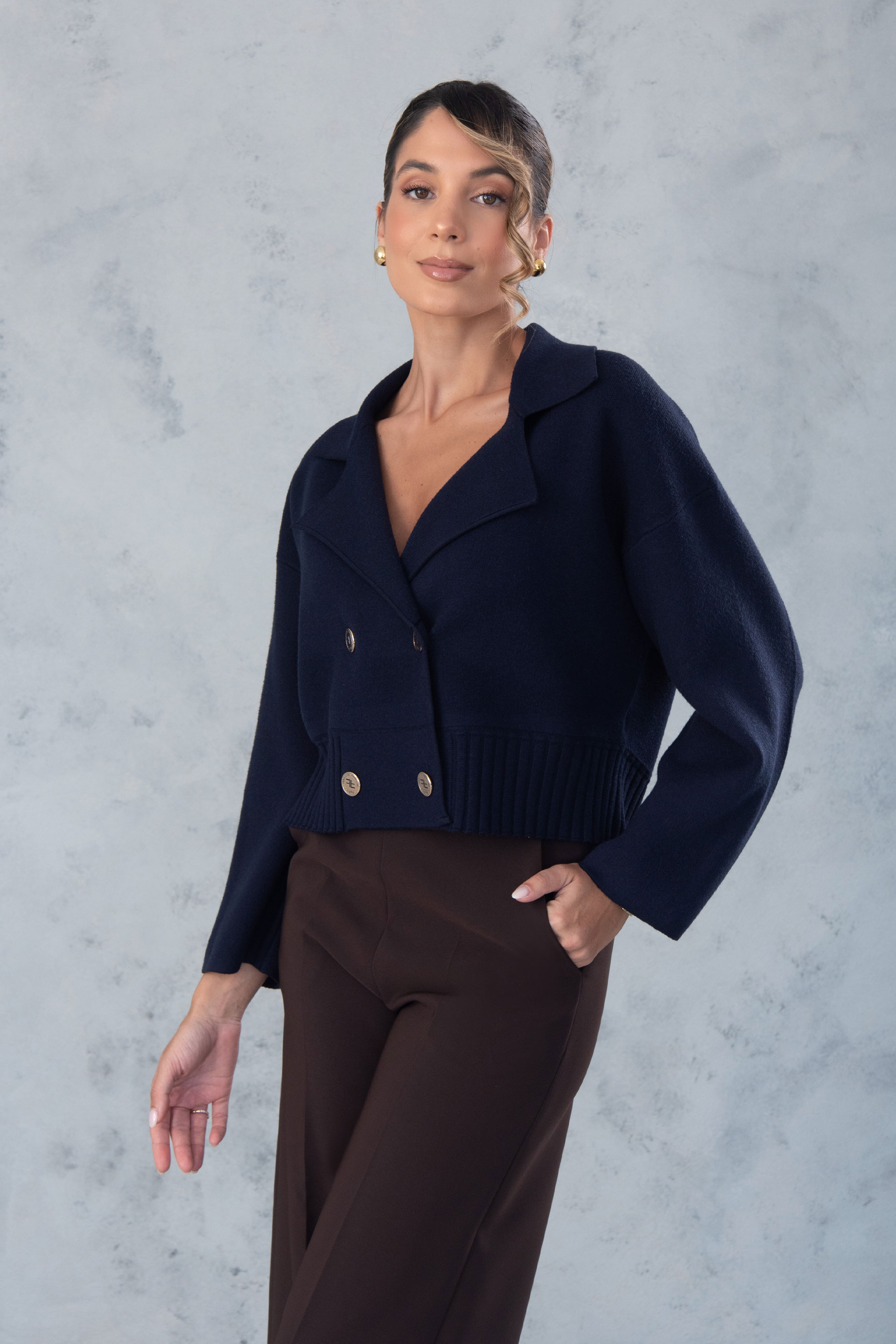 Knit cardigan with custom metallic logo buttons