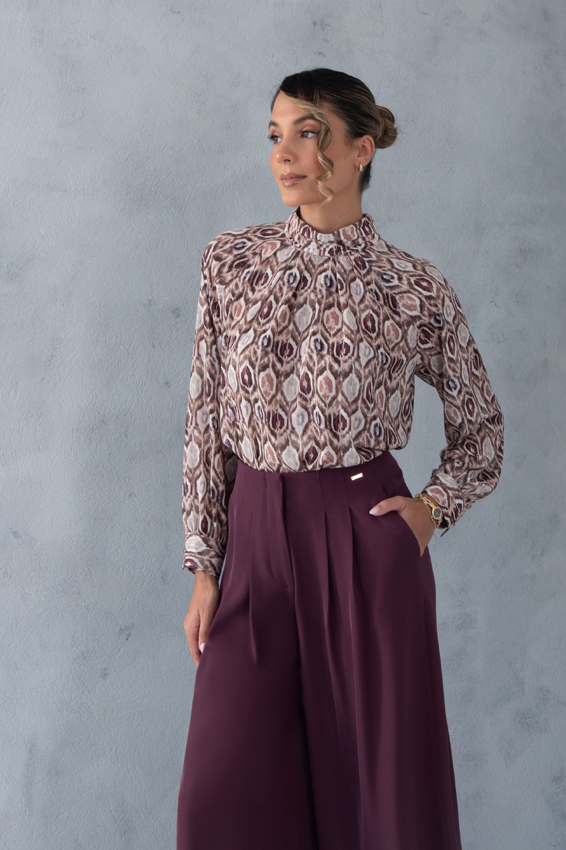 Printed blouse with draped collar